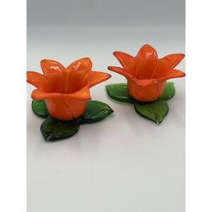 Hand Blown Art Glass Set 2 Floral Votive Candle Holder Orange Green